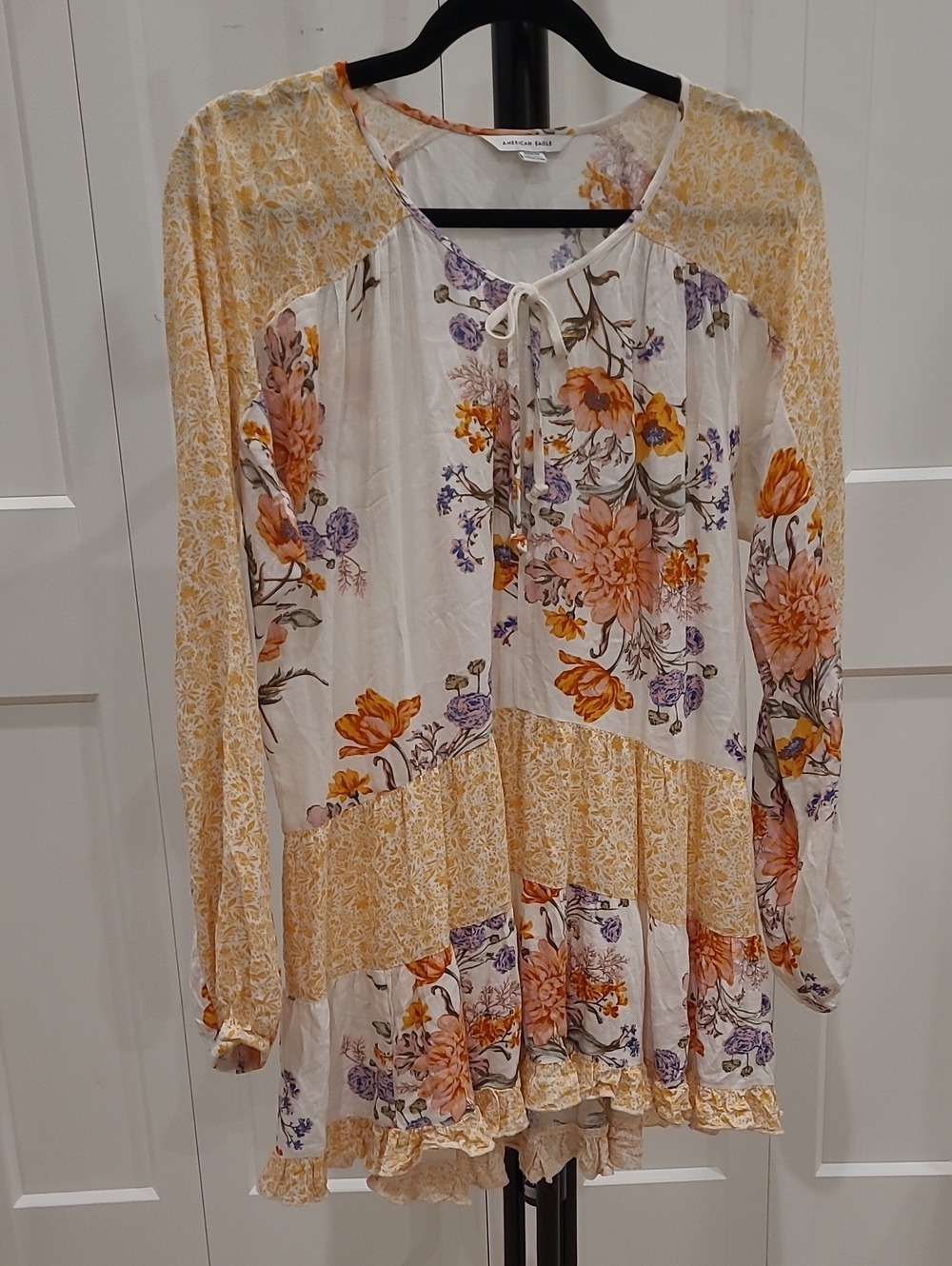 American Eagle Cream Floral Peasant Blouse in Yellow, Orange & Purple